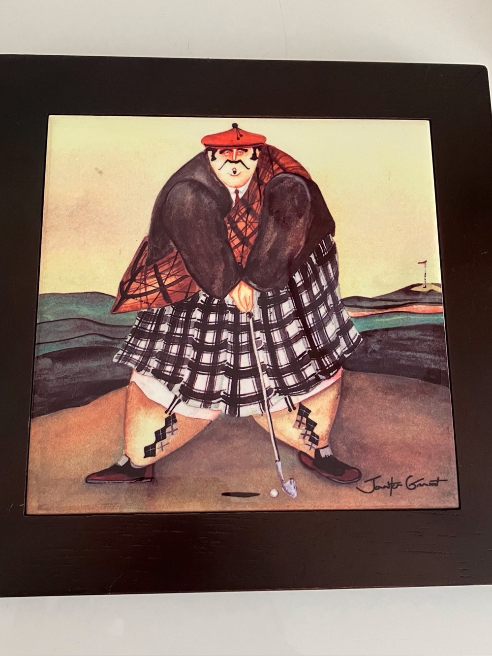 Wooden Framed Ceramic Tile Trivet Chubby Golfer Signed Jennifer Garant